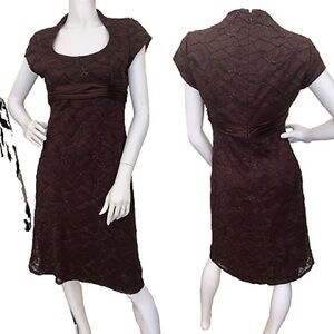 Vintage 90s Badgley Mischka Brown Lace Dress Sequin Empire Waist